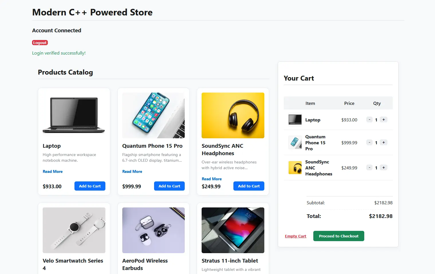 Interactive e-commerce shopping cart dashboard UI displaying Laptop, Phone, and Headphones powered by a Modern C++ multi-threaded backend API server